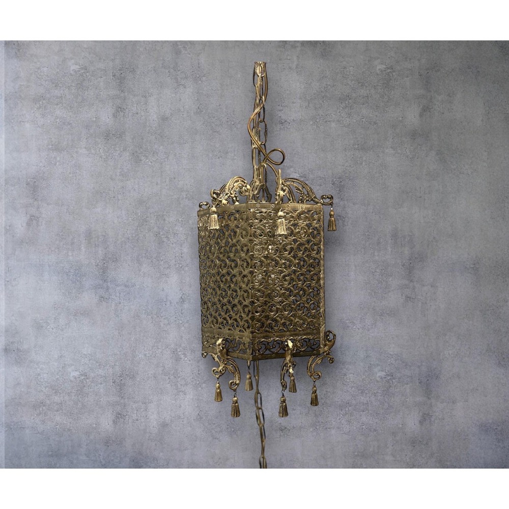Vintage Neogothic Hanging Lamp Hollywood Regency‎ Bronze Tassel Light Pendant